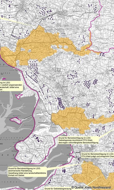 „Charakteristische Landschaftsräume“ – die gelb markierten Gebiete sind für Windkraft (jeder schwarze Punkt ein Turm!) tabu, Blickachsen bleiben frei. Leider wird die Westküsten-Stromtrasse durch diese Gebiete geführt!