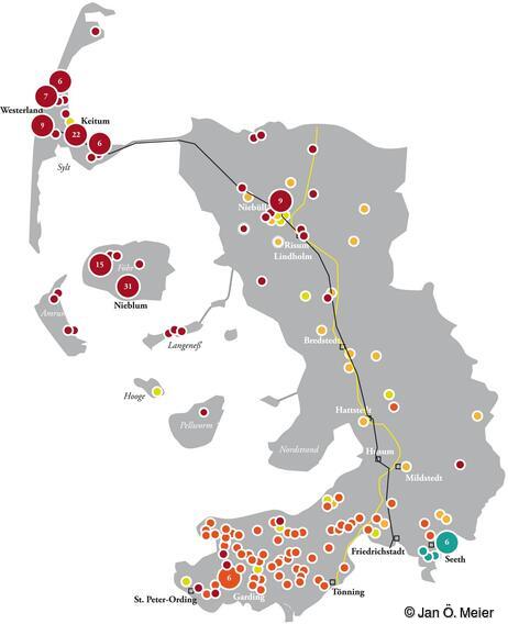 Denkmalliste für Nordfriesland (https://www.schleswig-holstein.de/DE/Landesregierung/LD/Kulturdenkmale/ListeKulturdenkmale/_documents/ListeKulturdenkmale.html) – Verteilung der offiziell unter Denkmalschutz stehenden Gebäude der Nordfriesischen Hauslandschaft im Kreisgebiet, nach Haustypen, Stand 12/2019.