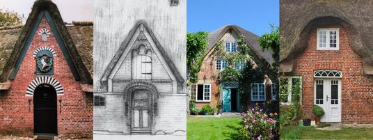 Typische Giebelformen – Sylter Giebel, Südtonderaner Giebel, Eiderstedter Giebel, Schweifgiebel (von links)