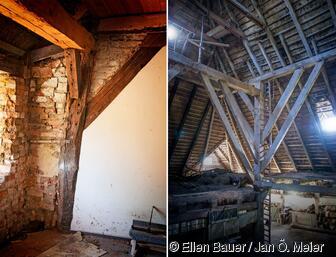 Utlandfriesisches Haus von 1669, Langenhorn: Innenständerkonstruktion (links); Haubarg Trindamm von 1825, Tetenbüll: Ständerkonstruktion im Vierkant (rechts)